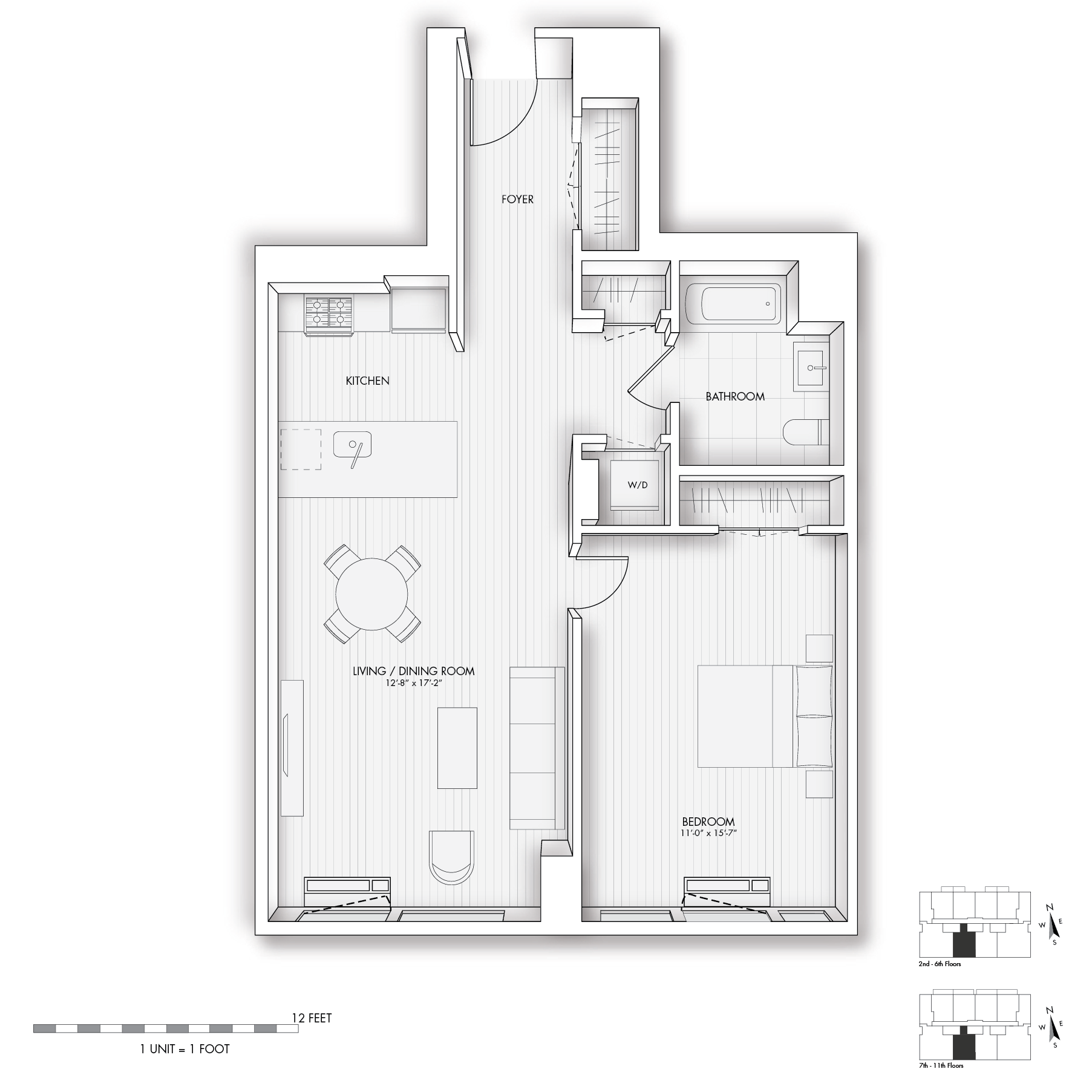 Floor plan for 1 bed, 1 bath, 742 sqft